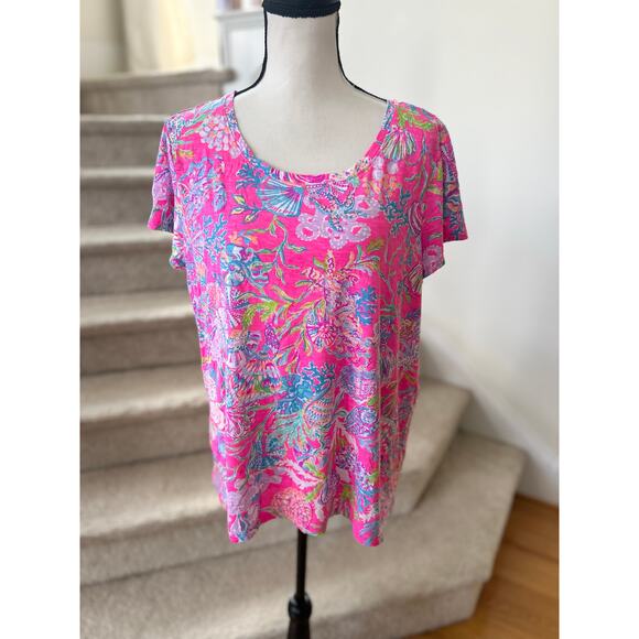 Lilly Pulitzer Hot Pink Nautilus Shell Octopus Sea Print Short Sleeve T-Shirt - Picture 1 of 6